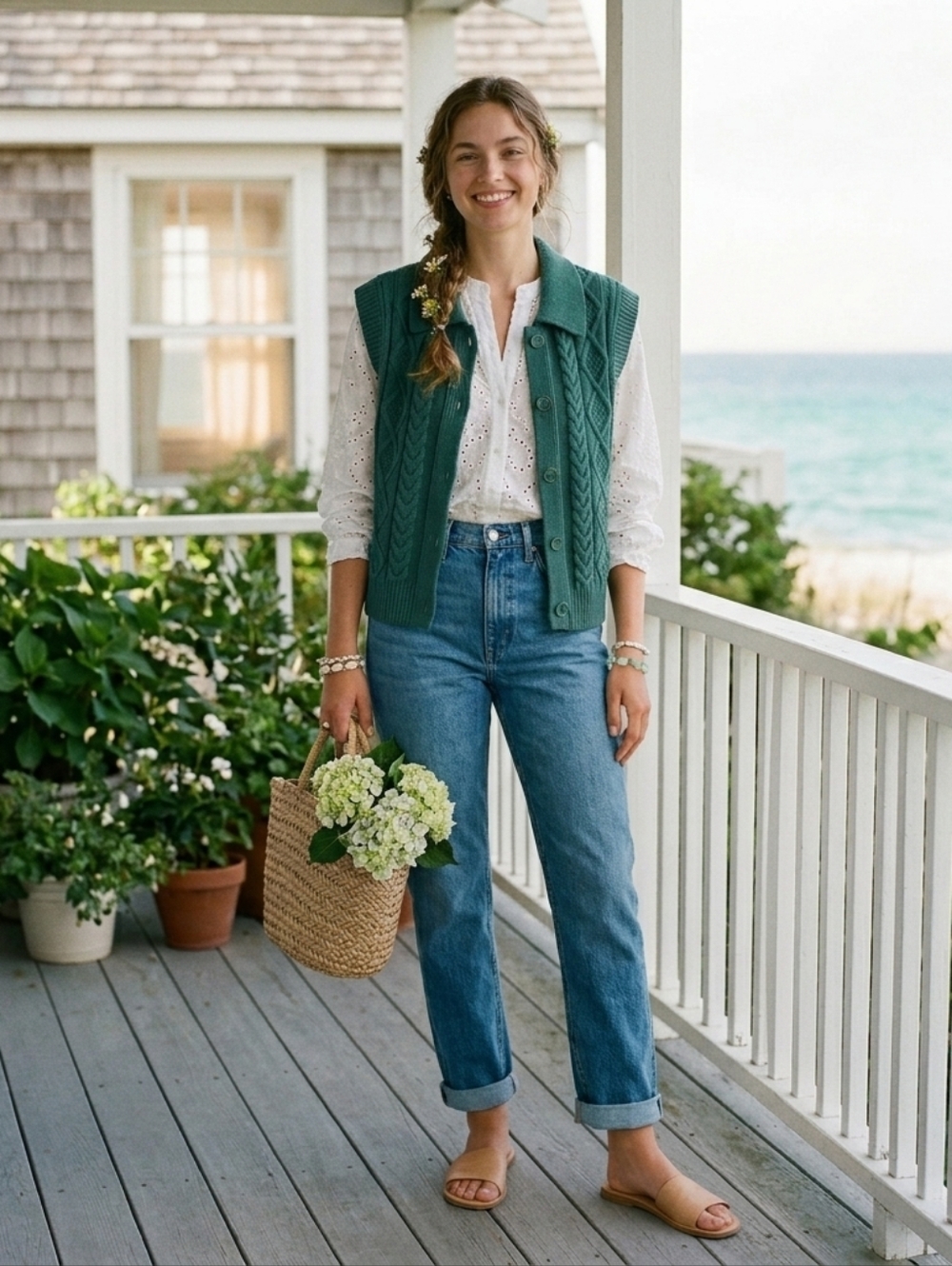 Sunday Best XS Coastal Cottagecore Fisherman Cable Knit Merino Wool Blend Vest - Picture 3 of 15